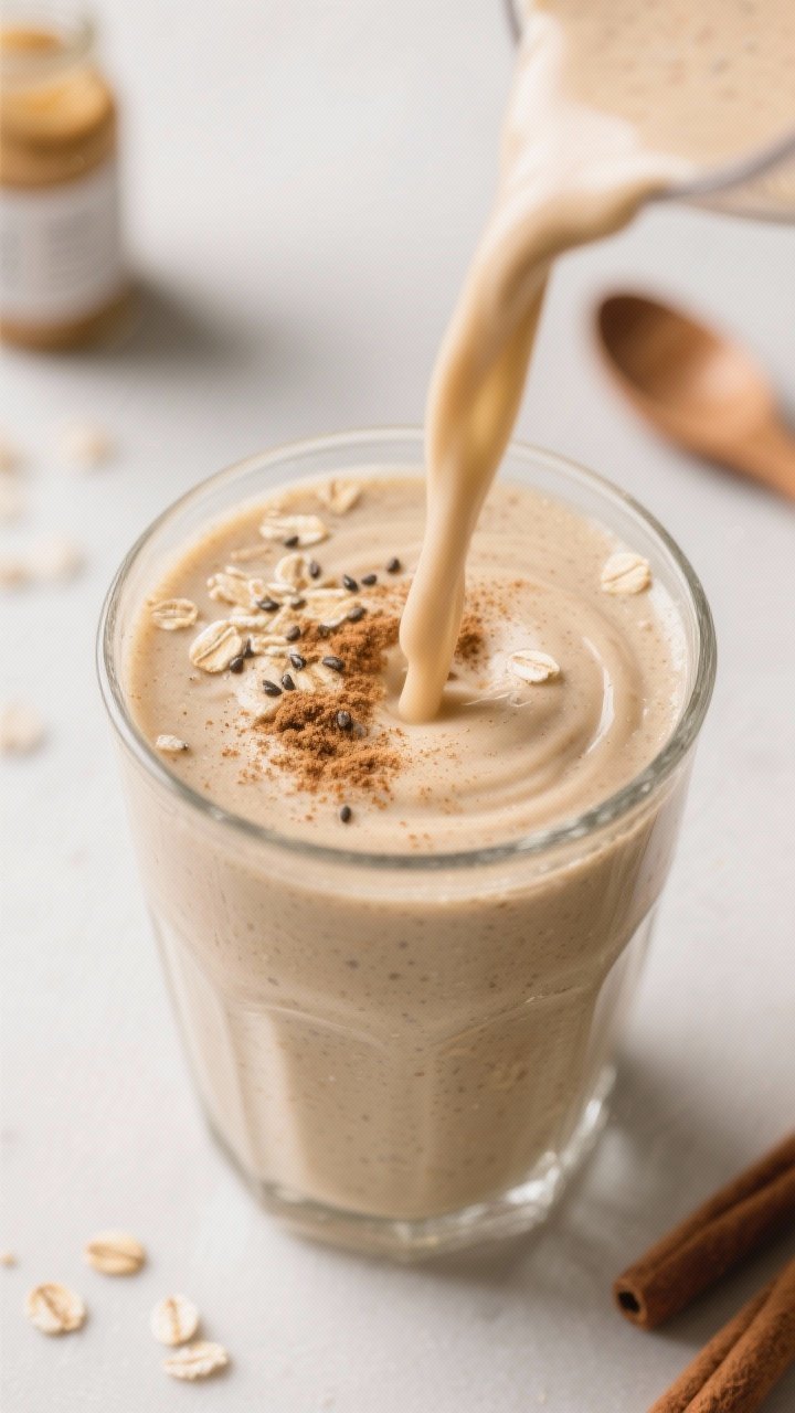 Close-up detail: A thick, creamy cinnamon banana oat smoothie just after blending, pouring in a silk