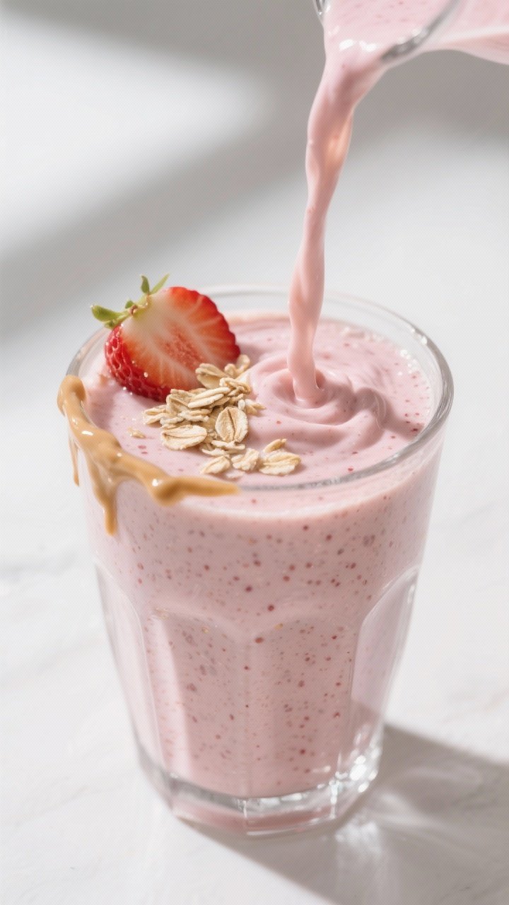 Close-up detail: A thick, creamy Strawberry Oat Smoothie mid-pour into a chilled clear glass, ribbon