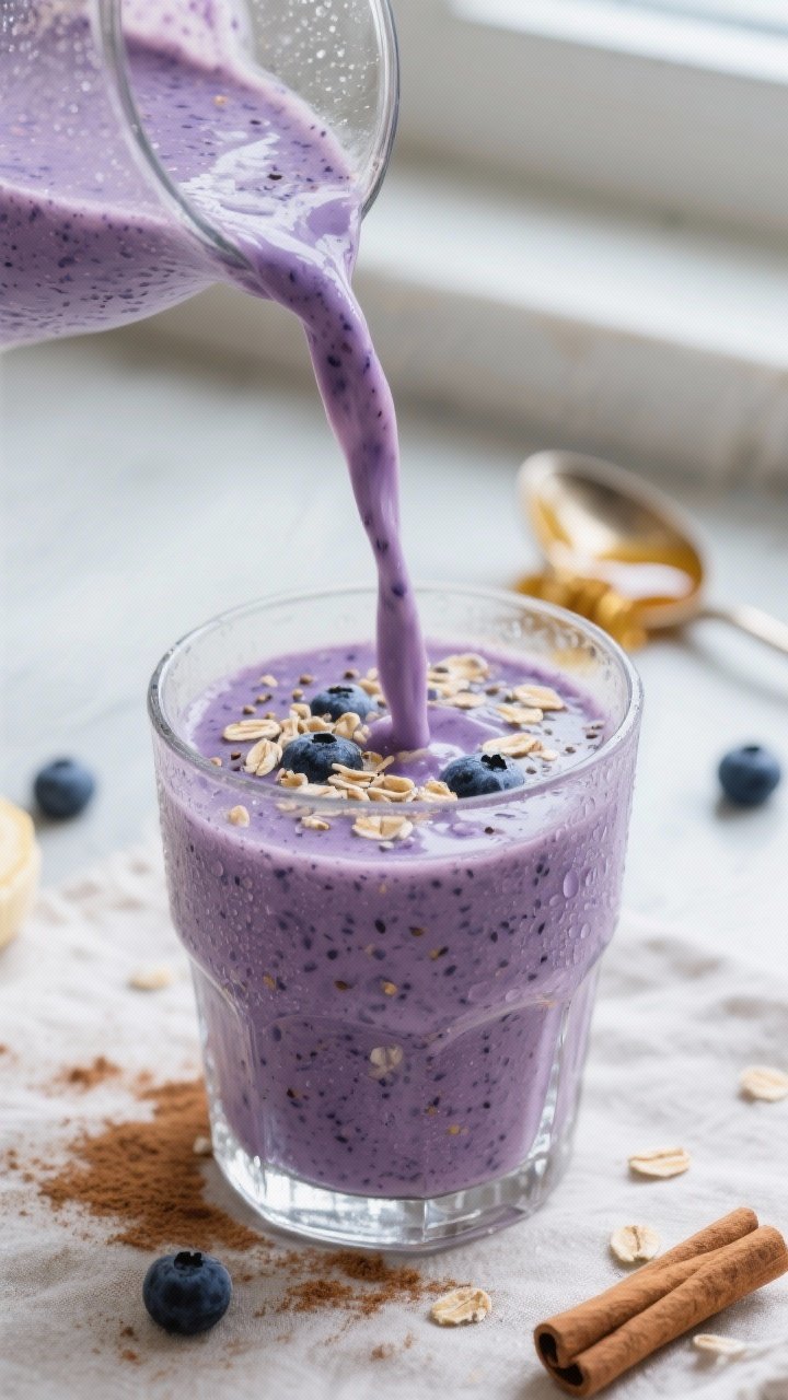 Close-up detail: A thick, freshly blended blueberry banana oat smoothie pouring in a silky ribbon in