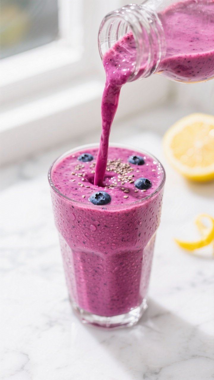 Close-up detail: A thick, freshly blended Triple Berry Immune Boost Smoothie being poured into a chi