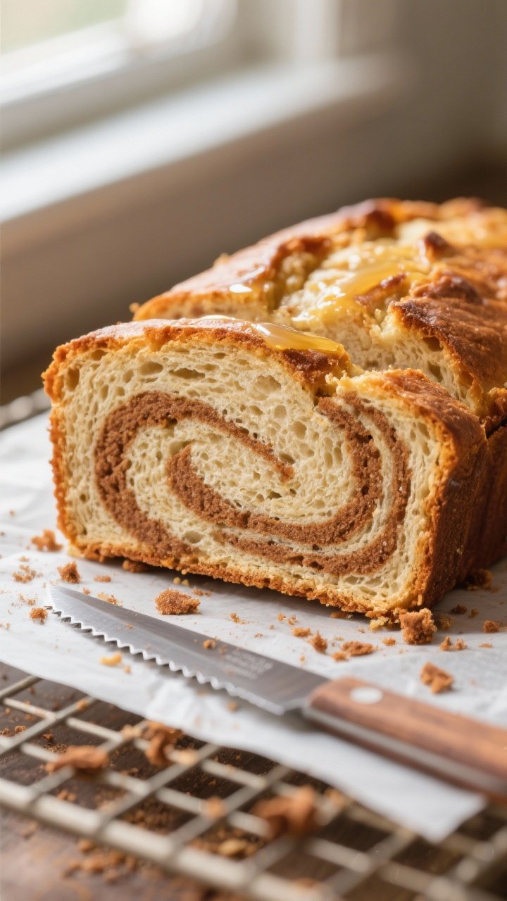 Close-up detail: A thick slice of sourdough discard cinnamon swirl quick bread just cut, showing a c