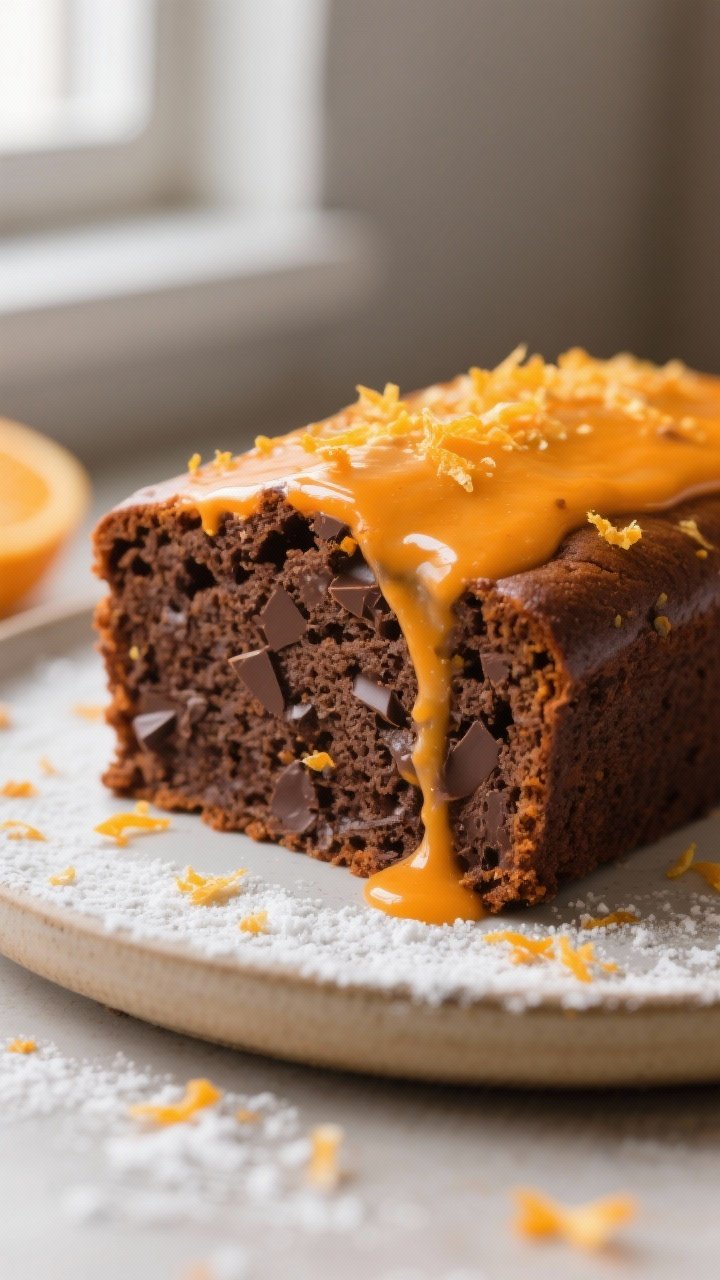 Close-up detail: A thick slice of vegan chocolate orange loaf cake just after glazing, showing the g