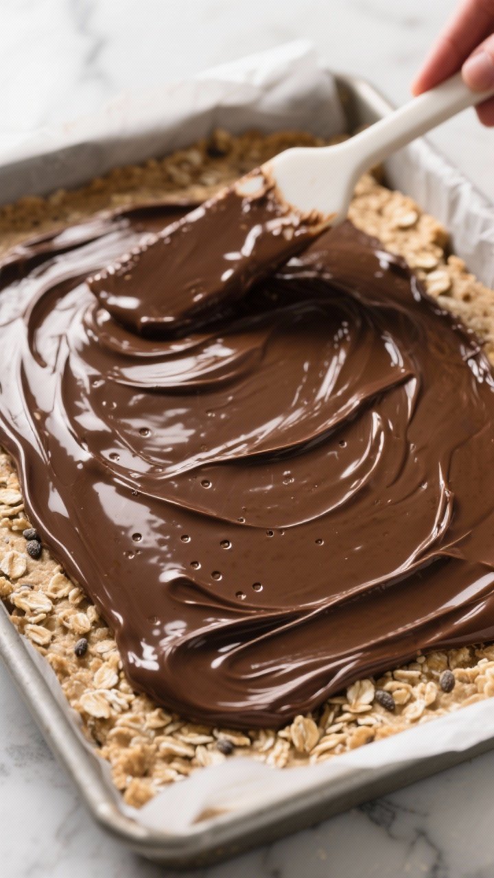 Close-up detail: A tight macro of the glossy chocolate layer being spread over the compacted oat-pea