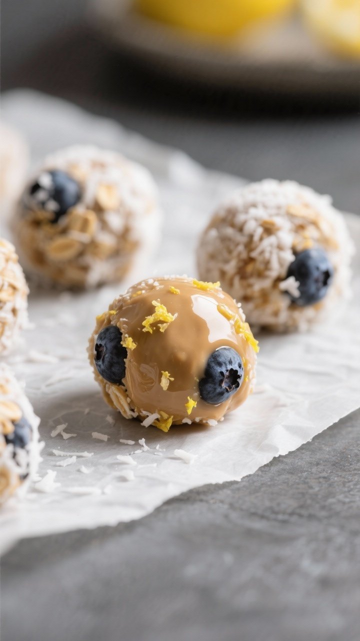 Close-up detail: A tight macro shot of freshly rolled Lemon Blueberry Energy Bites on parchment afte