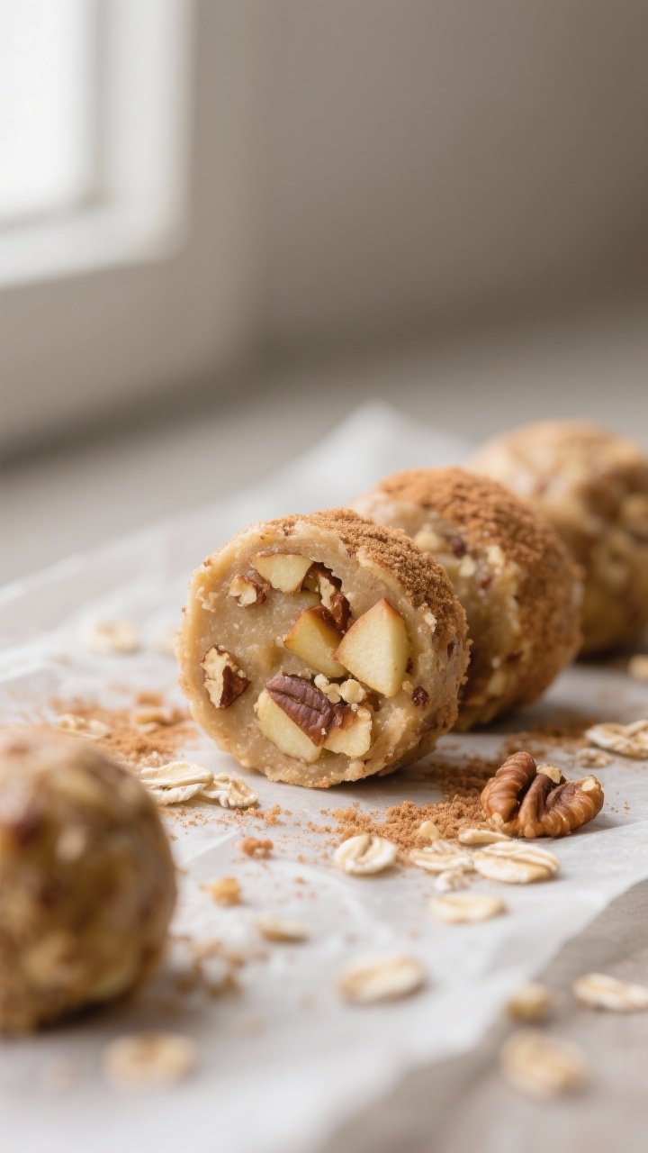 Close-up detail: A tight macro shot of rolled Apple Pie Protein Energy Bites resting on parchment af