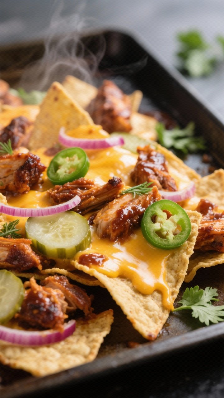 Close-up detail: A tight, shallow-depth-of-field shot of hot sheet-pan BBQ chicken nachos just out o