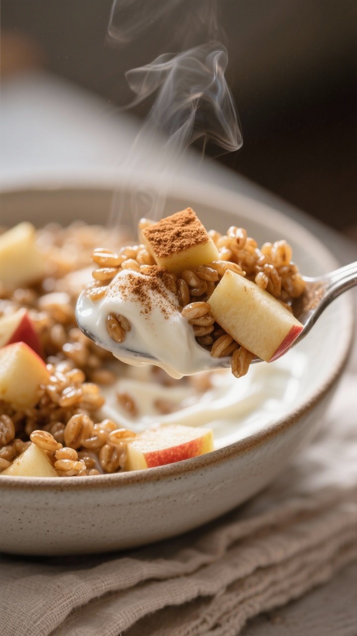 Close-up detail: A warm spoonful of cinnamon-maple farro swirled with Greek yogurt, folded with saut
