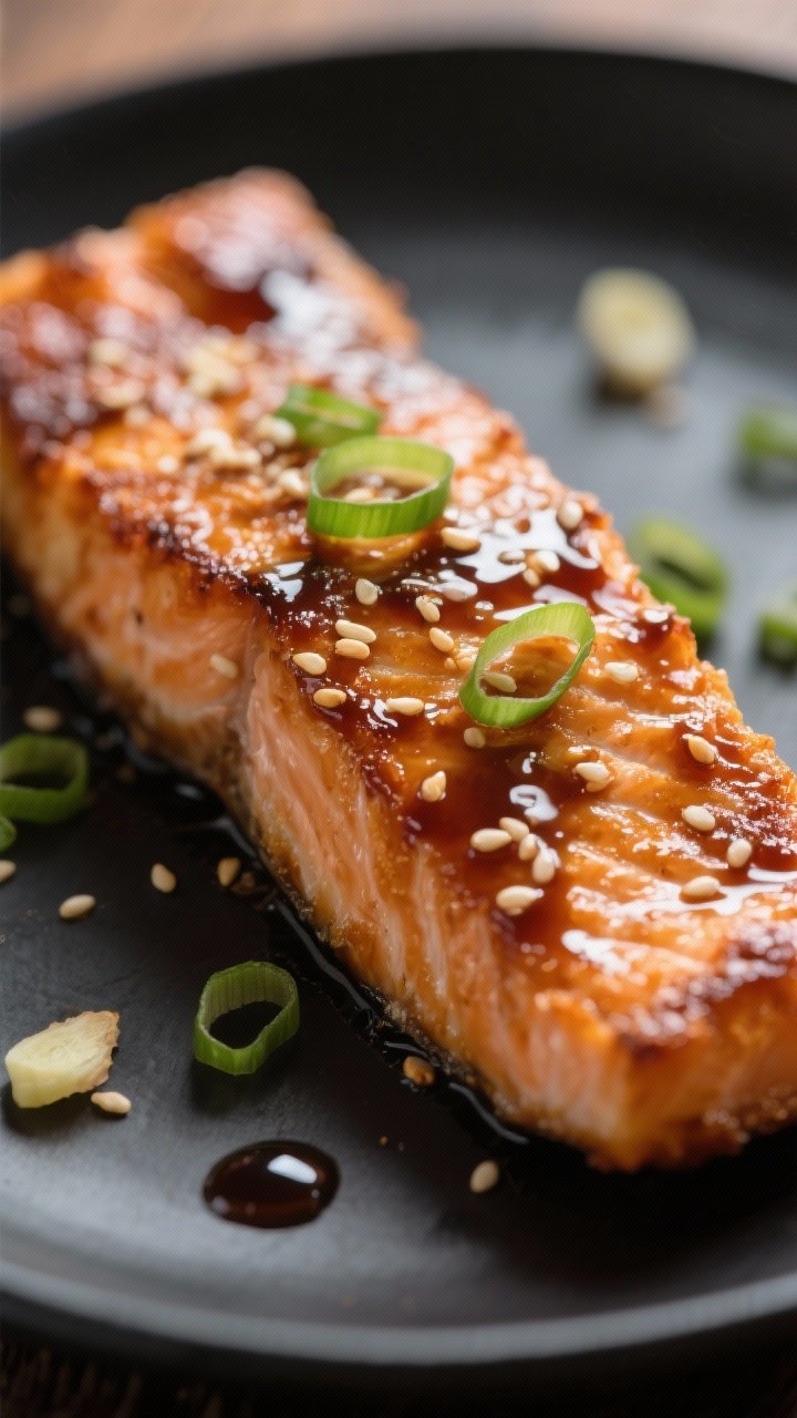 Close-up detail: Air-fried teriyaki salmon fillet just after the final glaze, to capture the sticky,