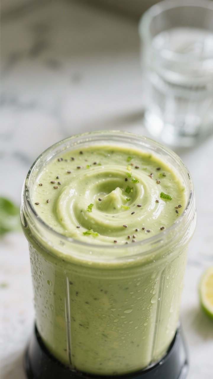 Close-up detail: Creamy avocado lime detox smoothie mid-blend in a high-speed blender, silky pale-gr