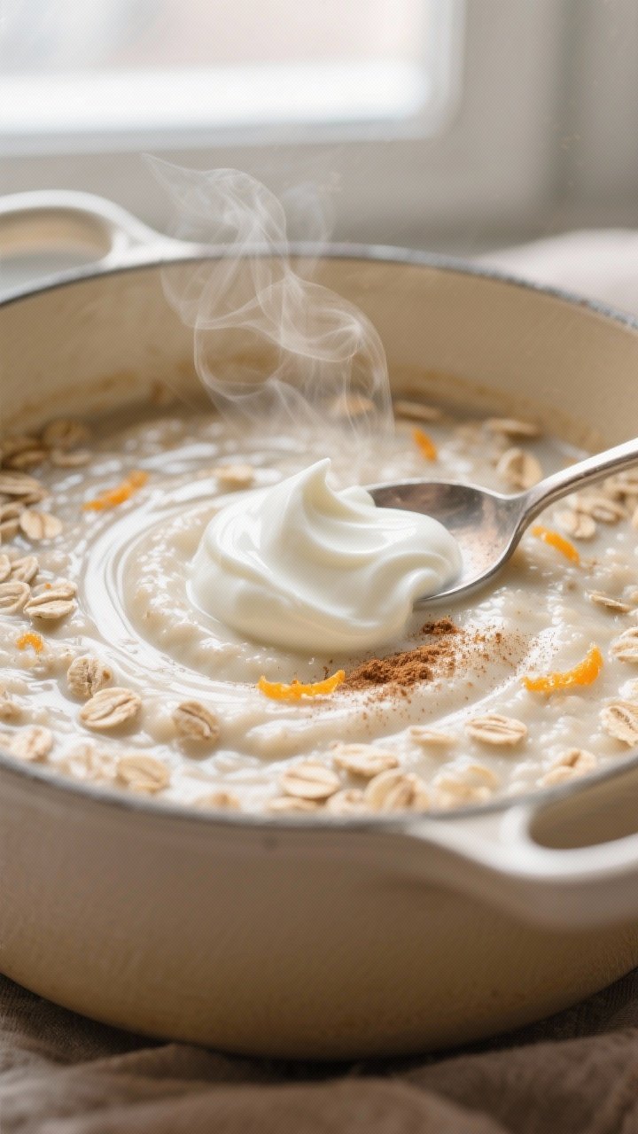 Close-up detail: Creamy cooked rolled oats just off the heat being swirled with a dollop of plain Gr