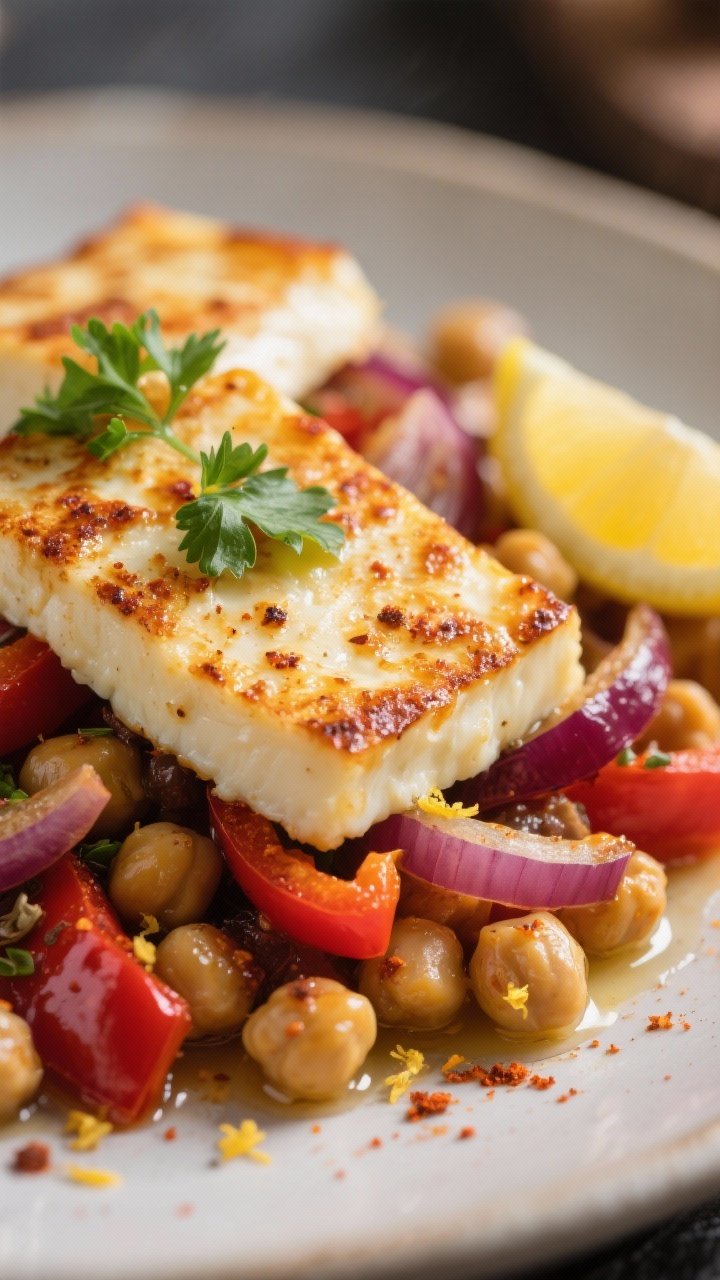 Close-up detail: Crispy-edged baked halloumi slices nestled over roasted chickpeas, red onion, and r