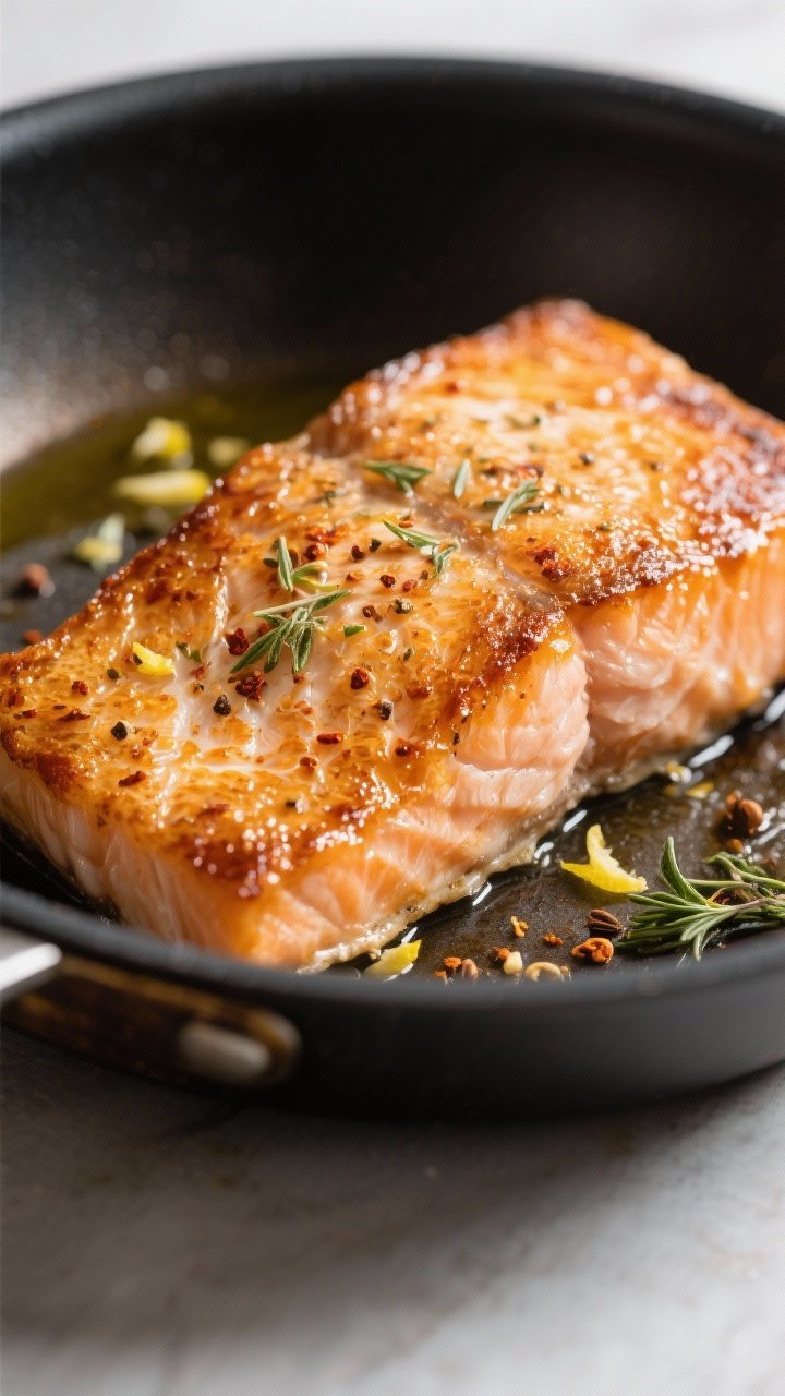 Close-up detail: Crispy-skin salmon just flipped in a hot skillet, skin-side up showing deep golden,