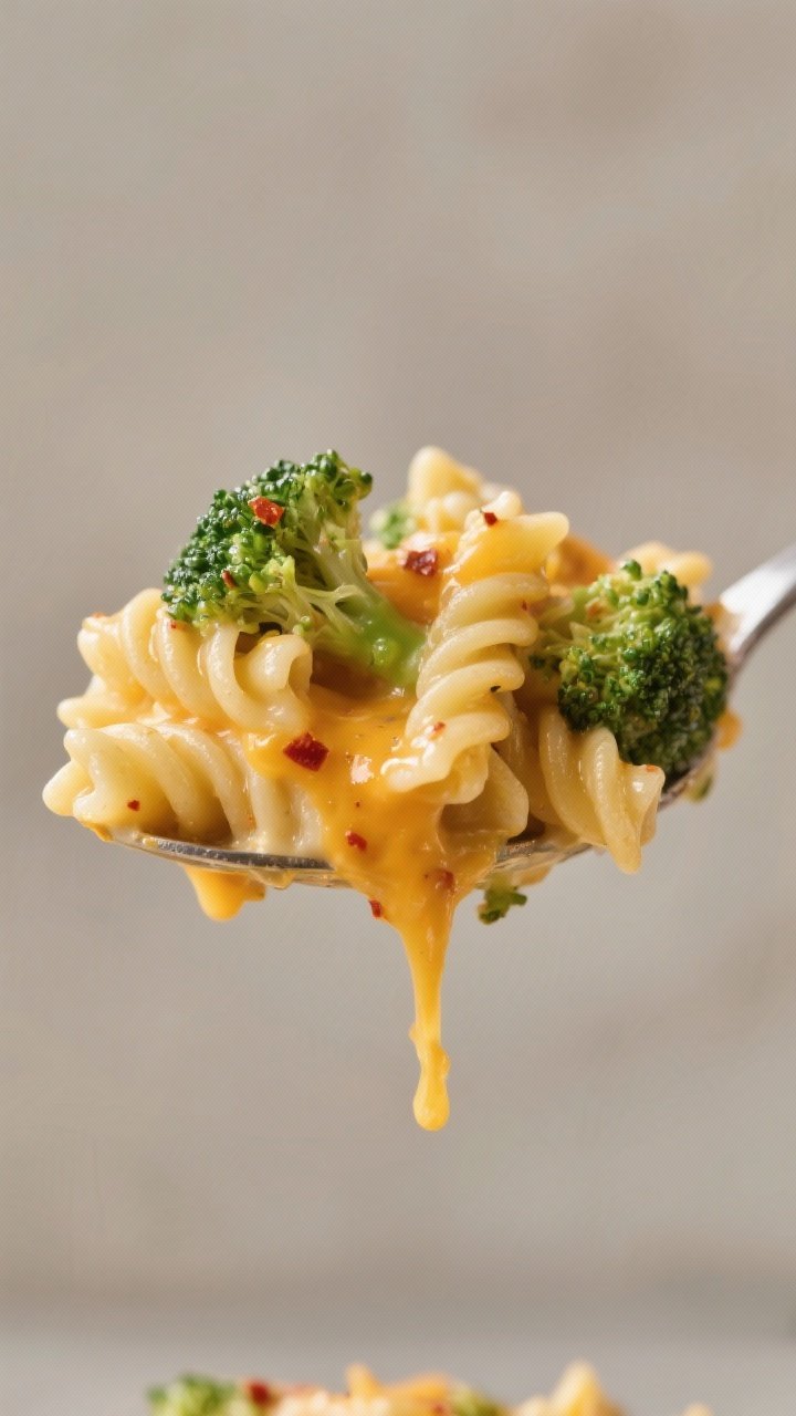 Close-up detail: Extreme close-up of a spoonful of broccoli cheddar mac and cheese—ridged noodles 