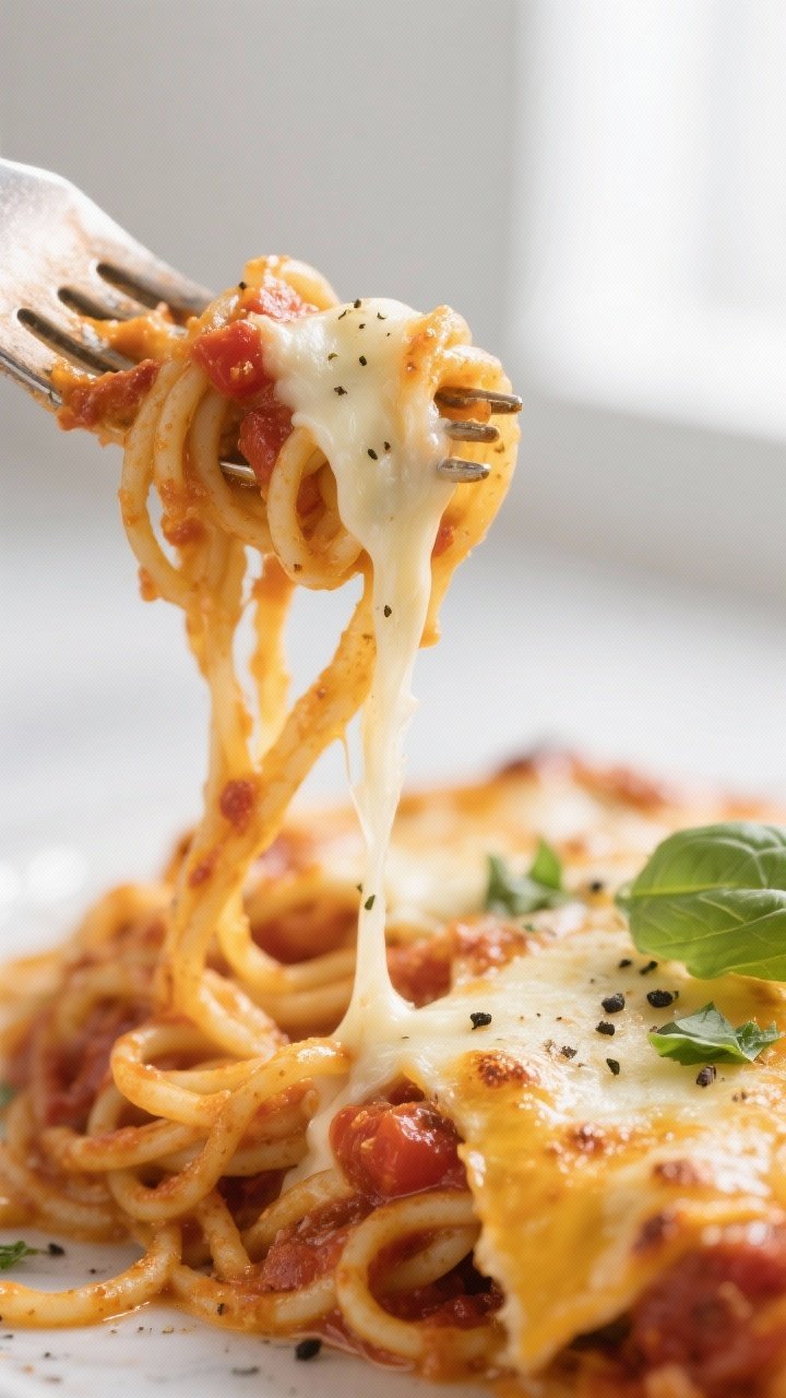 Close-up detail: Fork-twirled strands of baked spaghetti coated in a creamy tomato-alfredo sauce, wi