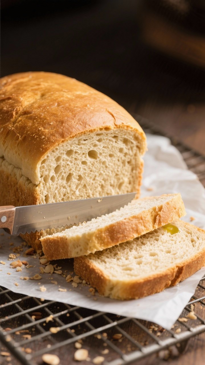 Close-up detail: Freshly baked almond flour sandwich bread just out of the pan, golden domed top ten