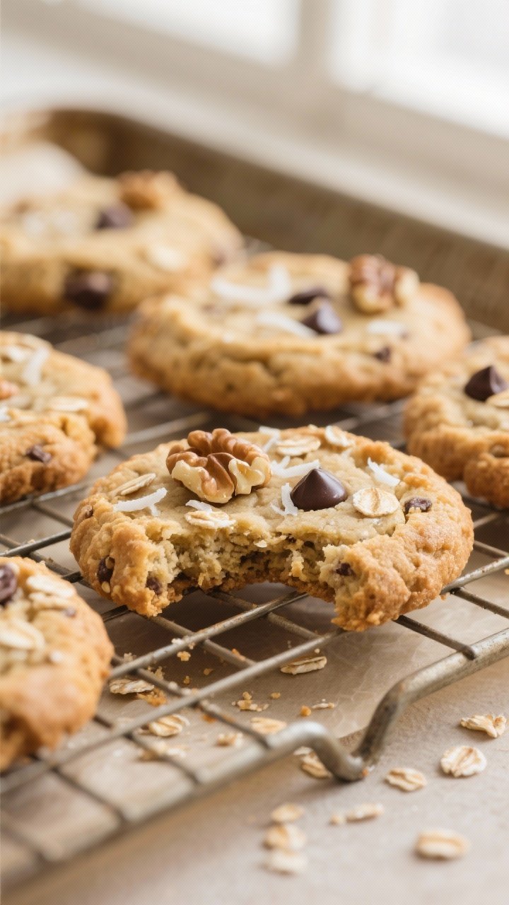 Close-up detail: Freshly baked banana oat cookies cooling on a wire rack, edges lightly golden with