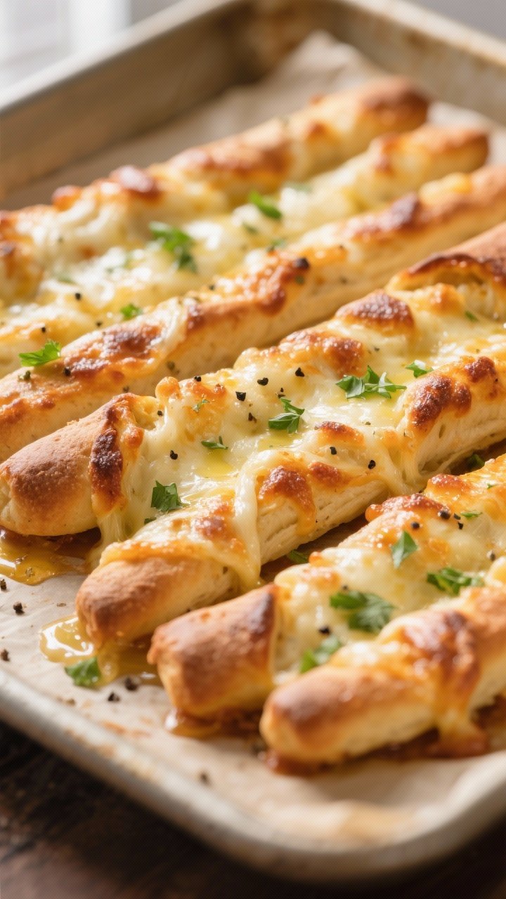 Close-up detail: Freshly baked cheesy breadsticks just out of the oven, cheese bubbling and lightly