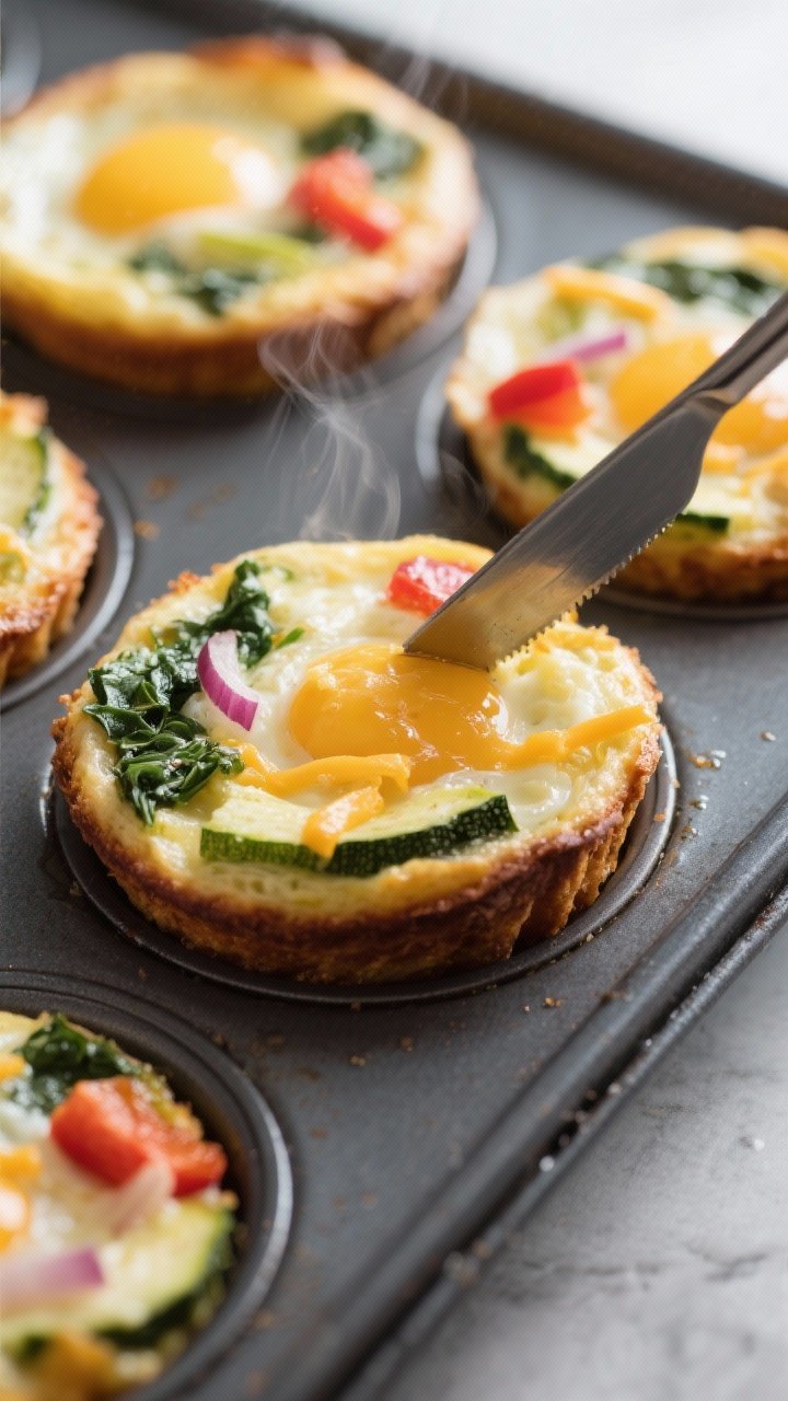 Close-up detail: Freshly baked egg muffins just out of the oven, edges lightly golden and centers se