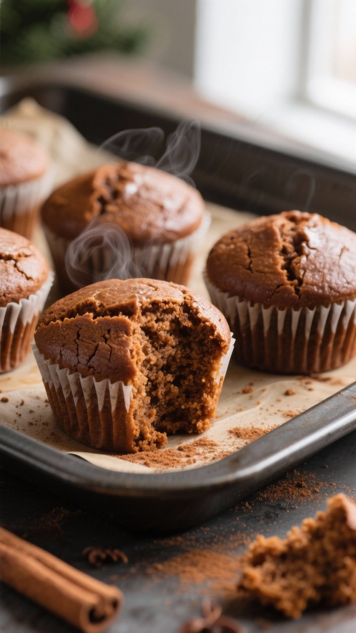 Close-up detail: Freshly baked gingerbread spice cupcakes just out of the tin, domed tops with a glo