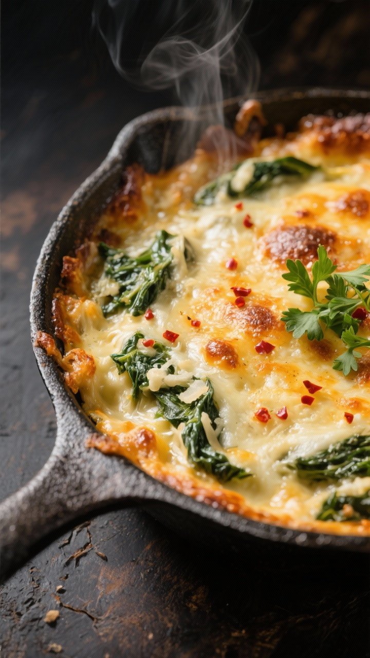 Close-up detail: Freshly baked spinach artichoke dip just out of the oven in a small cast-iron skill