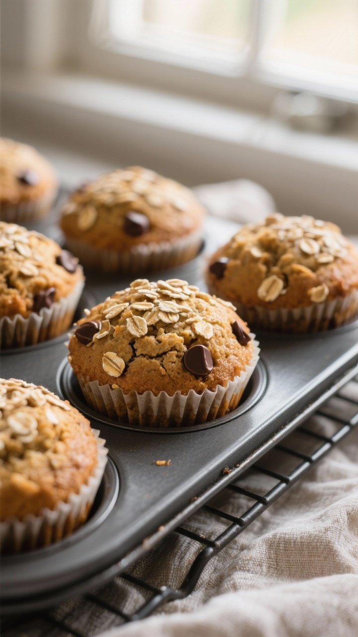 Close-up detail: Freshly baked vegan banana oat muffins just out of the oven, golden-brown domed top
