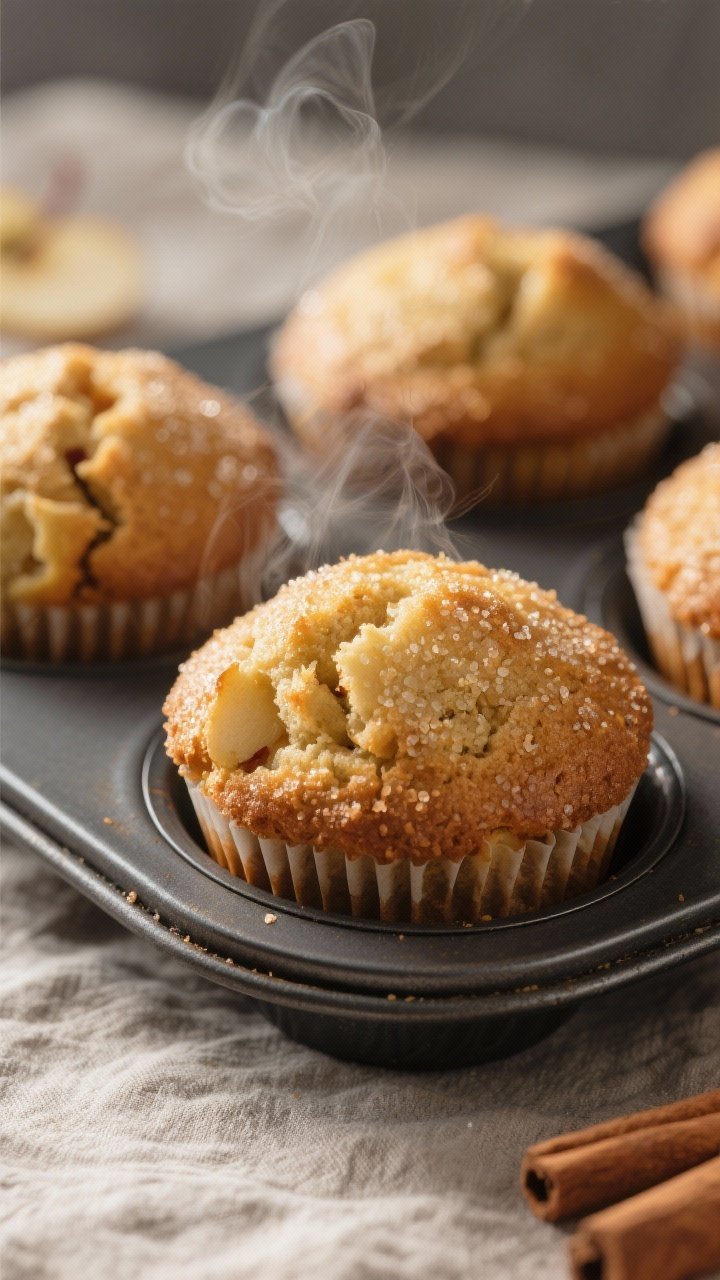 Close-up detail: freshly baked vegan cinnamon apple muffins just out of the tin, golden domed tops w