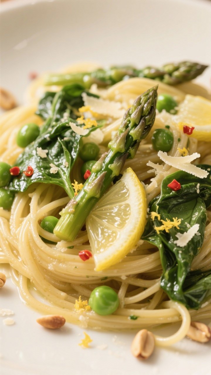 Close-up detail: Glossy strands of linguine tossed with wilted baby spinach, crisp-tender asparagus