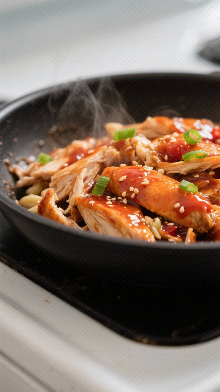 Close-up detail: Glossy sweet chili–glazed chicken in a skillet, sauce just simmered and thickened