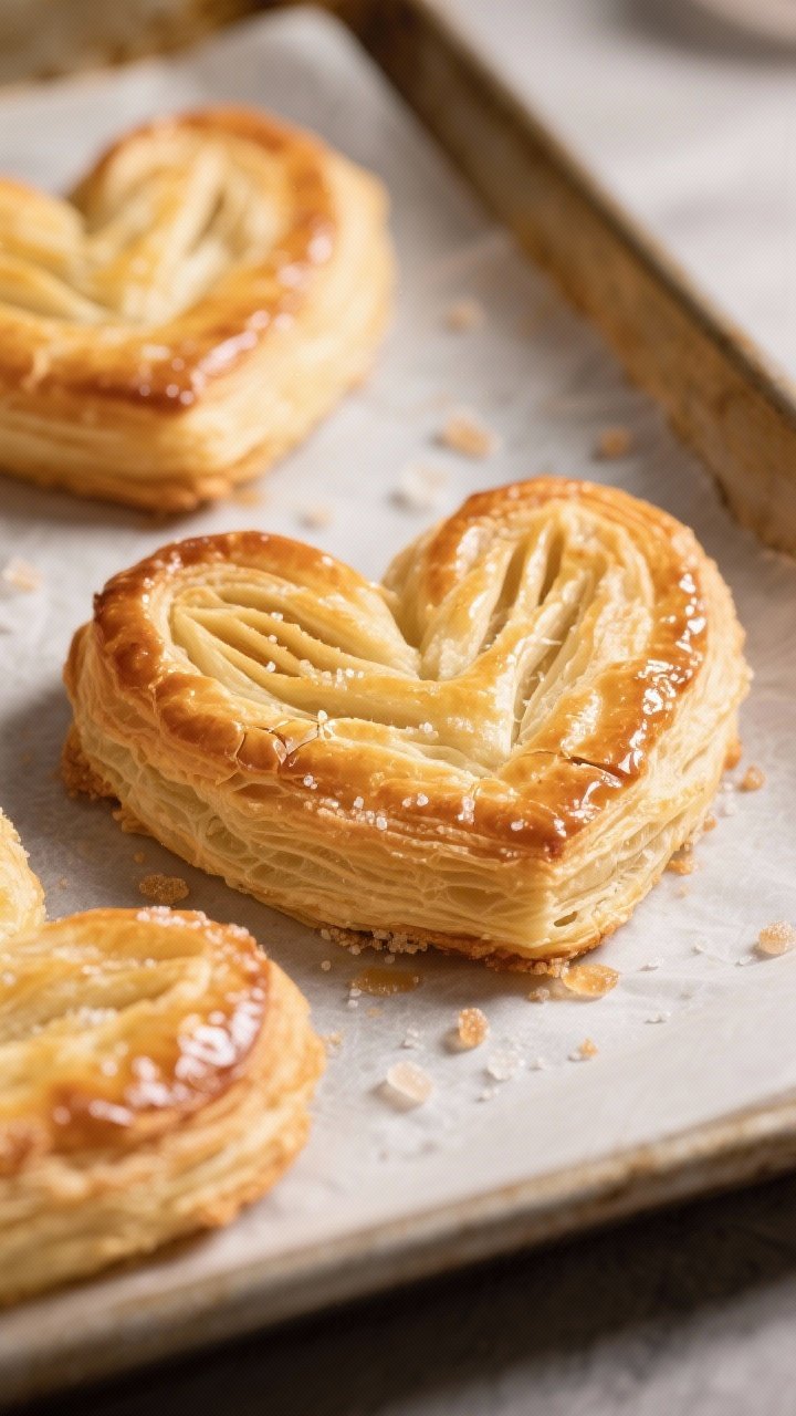 Close-up detail: Golden-baked puff pastry hearts fresh from the oven, perfectly docked with tiny for