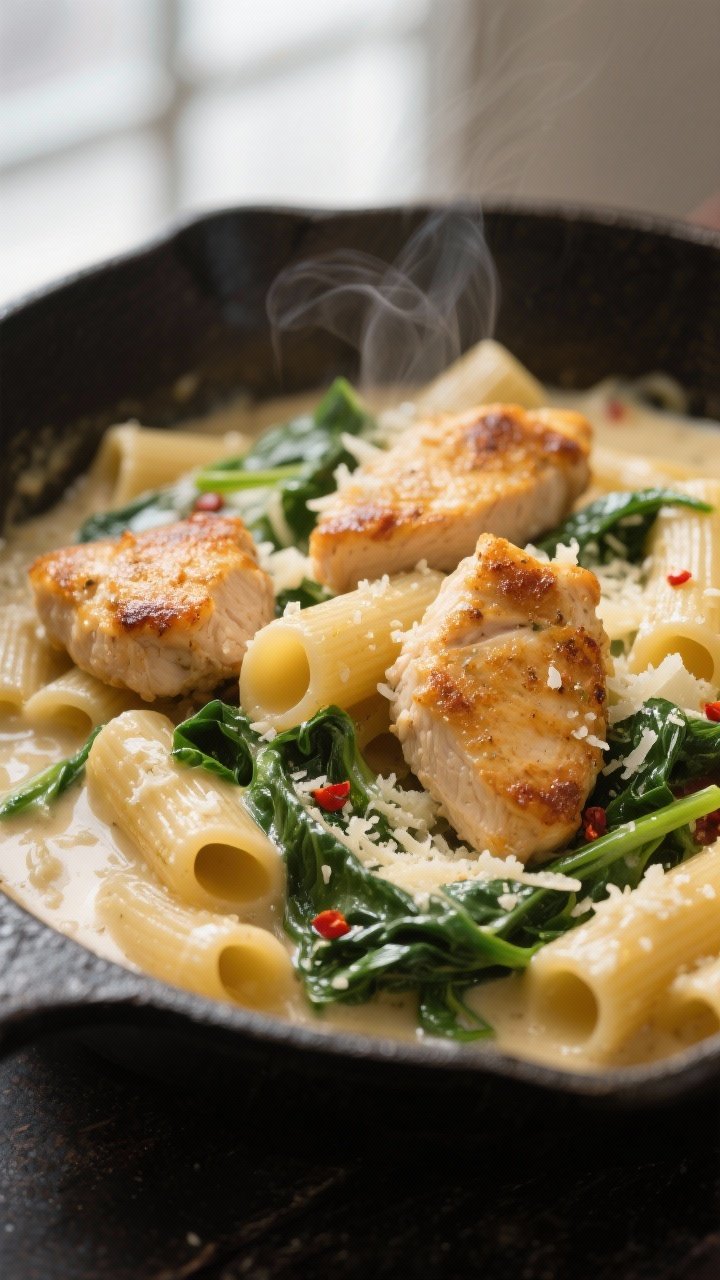 Close-up detail: Golden-browned chicken bites nestled among al dente rigatoni in a creamy garlic-Par