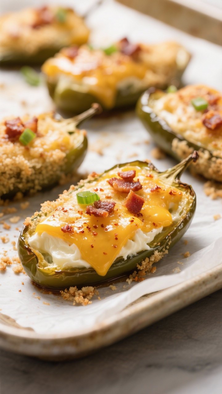 Close-up detail: Golden-browned stuffed jalapeño halves just out of the oven, cream cheese–chedda