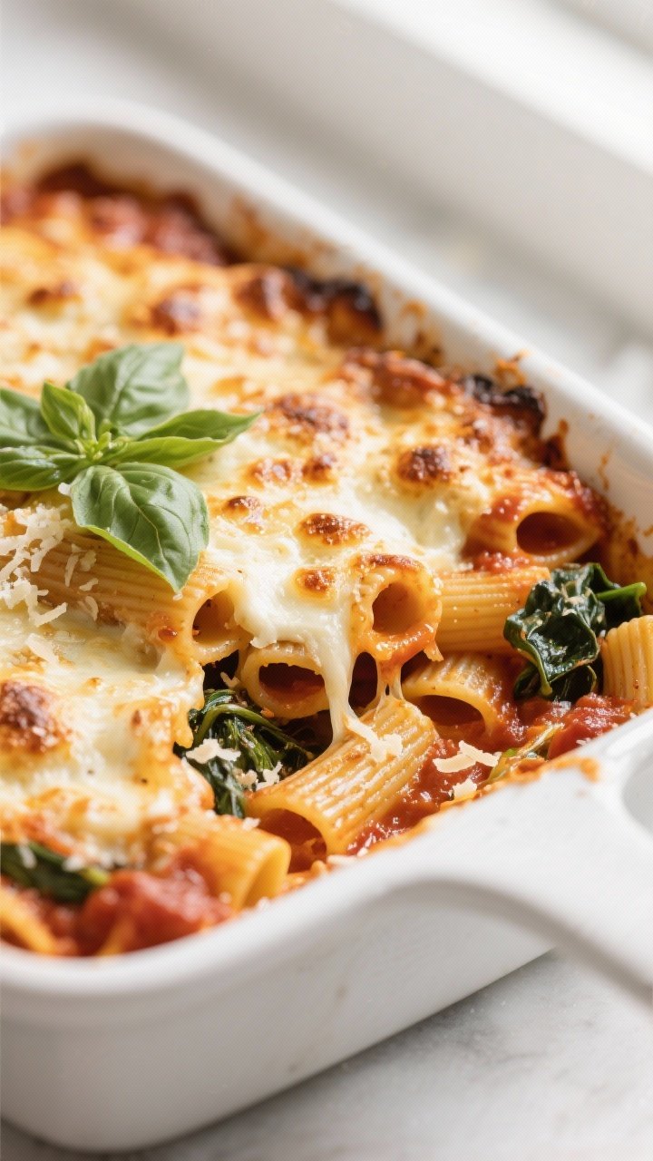 Close-up detail: Golden, bubbly baked pasta just out of the oven, with blistered mozzarella and spec