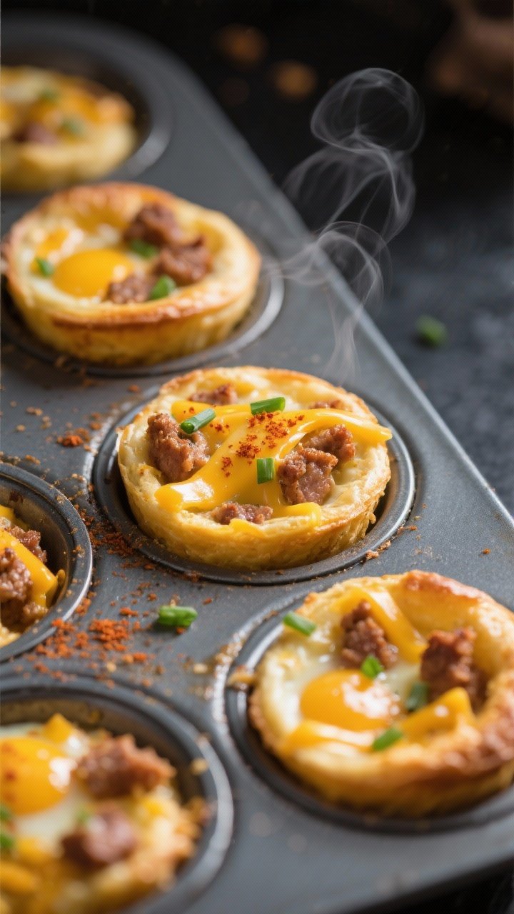 Close-up detail: Golden, freshly baked cheddar & sausage egg bites just out of the oven in a greased