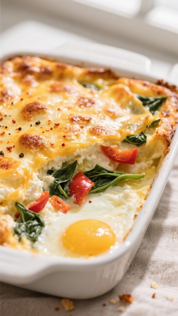 Close-up detail: Golden, freshly baked Savory Cottage Cheese Breakfast Bake just out of the oven, ch