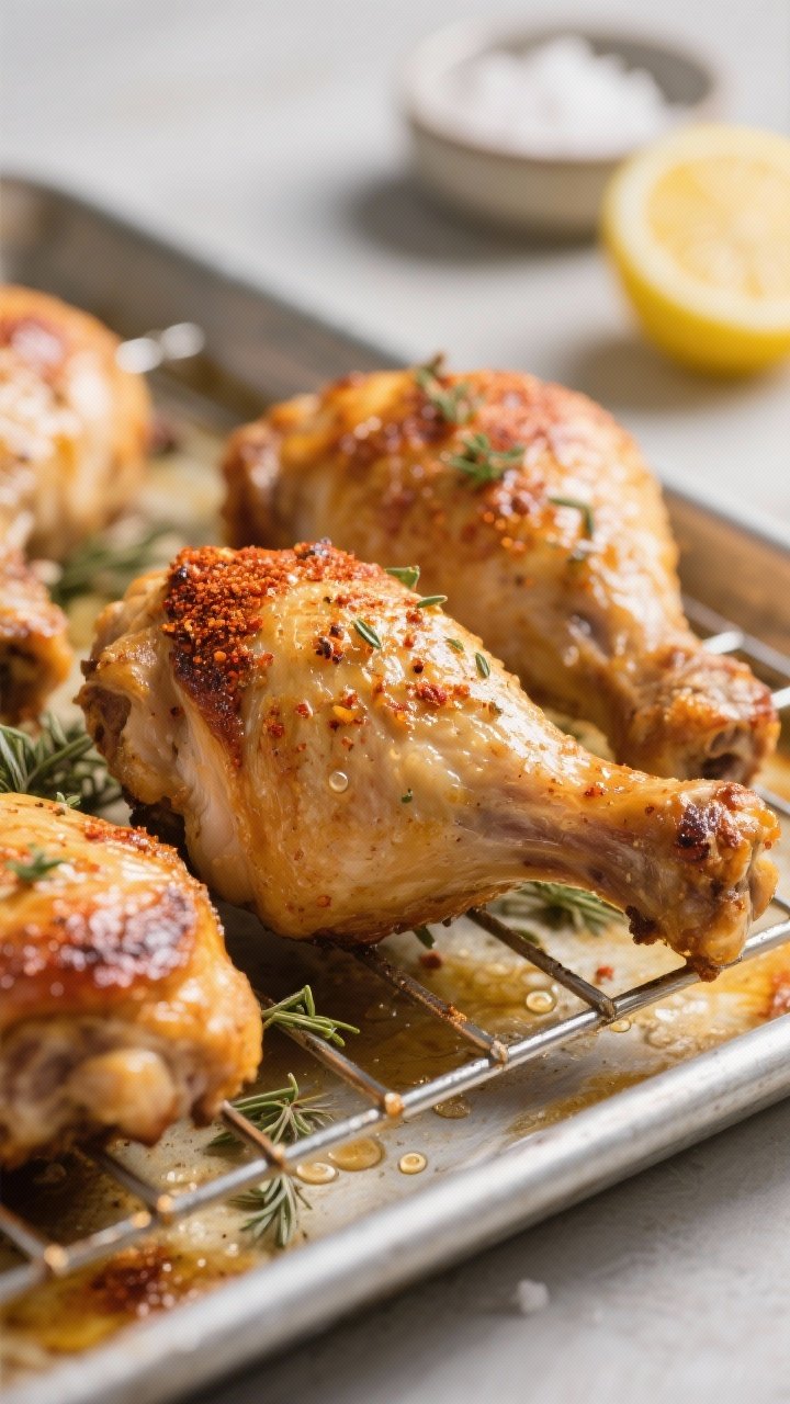 Close-up detail: Golden, roasted bone-in chicken thighs fresh from the oven, skin-side up on a rack 