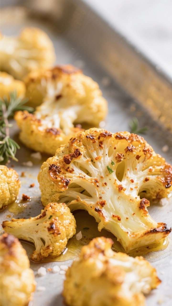 Close-up detail: Golden roasted cauliflower florets fresh from the oven, edges deeply caramelized an