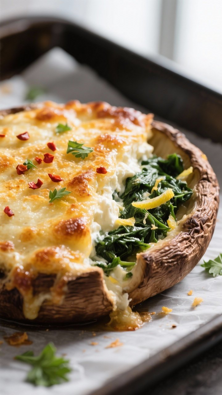 Close-up detail: Golden-topped ricotta and spinach stuffed portobello just out of the oven, highligh