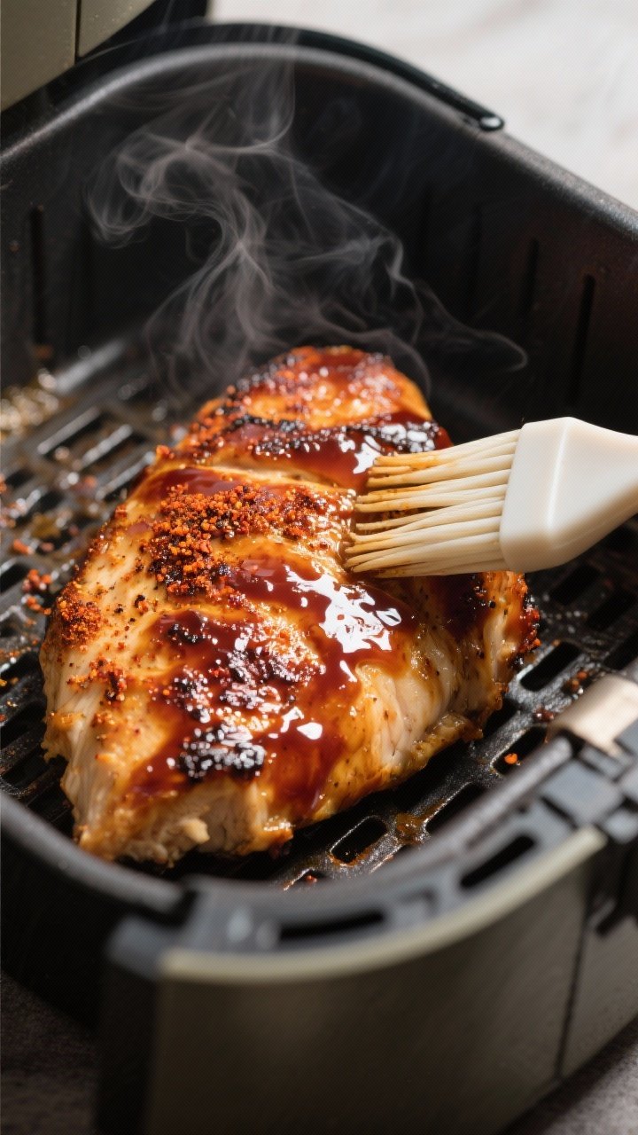 Close-up detail: Juicy air-fried BBQ chicken breast just after glazing, surface glistening with a th
