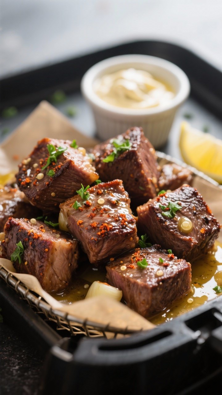 Close-up detail: Juicy air fryer steak bites just out of the basket, edges deeply browned and crisp 