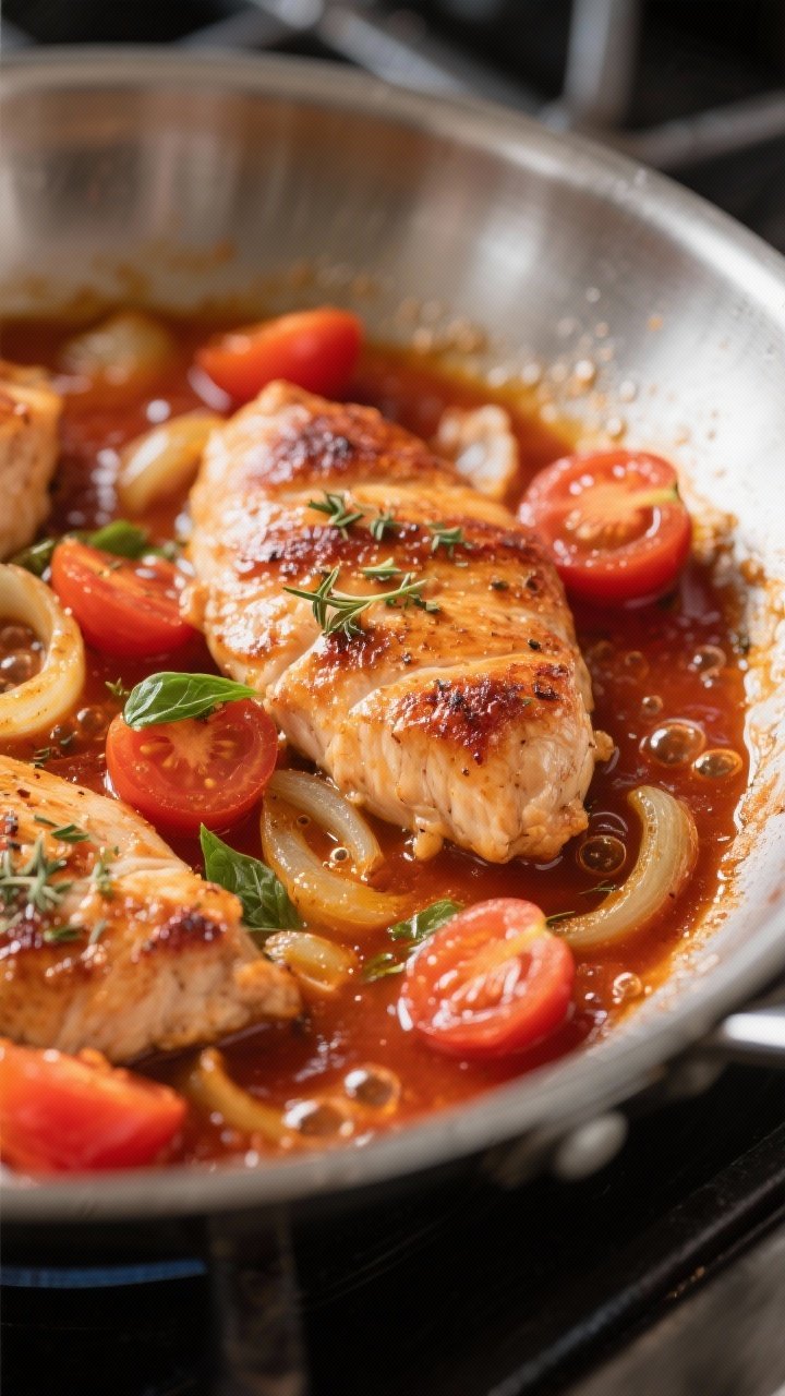 Close-up detail: Juicy browned chicken breast pieces simmering in a glossy tomato sauce, with visibl