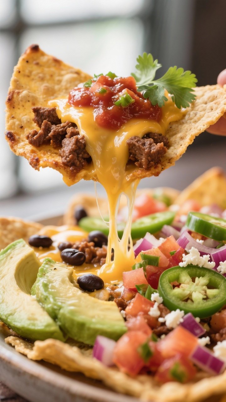Close-up detail — melty layer and fresh contrast: Tight macro of a corner of the baked nachos just