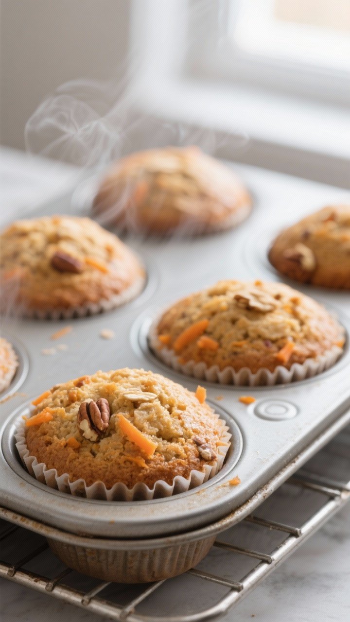 Close-up detail: Moist carrot oat cupcakes fresh from the oven, unfrosted, still in a lined muffin t