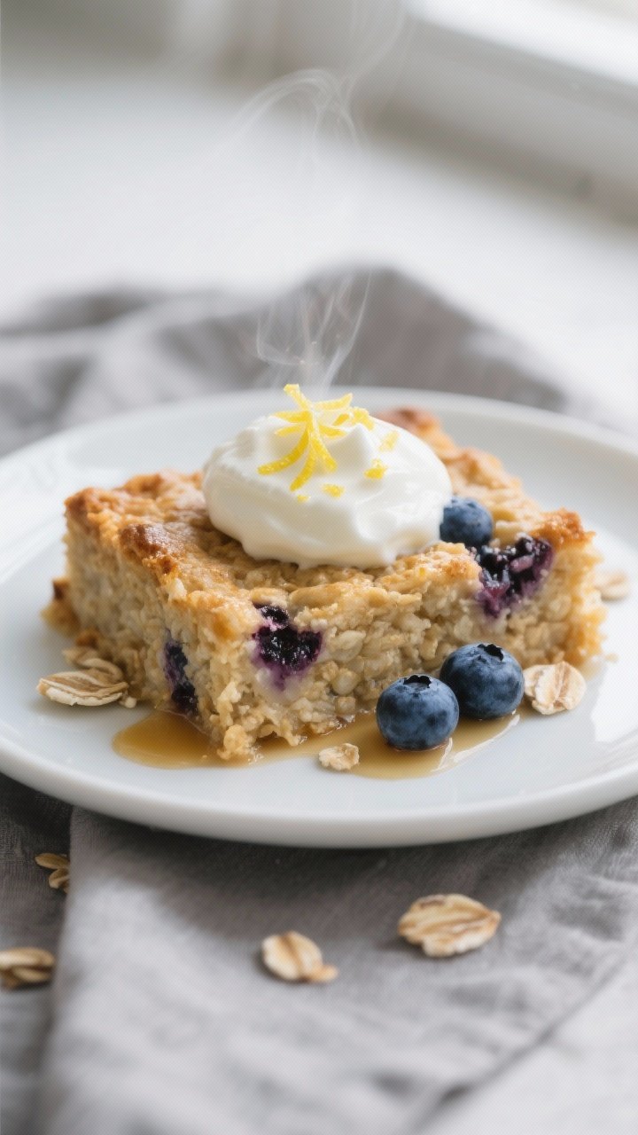 Close-up detail of a plated blueberry-lemon baked oatmeal square, warm and steaming, topped with a d