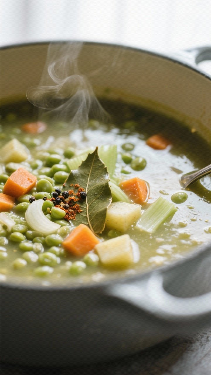 Close-up detail of simmering split pea and veggie soup in a heavy-bottomed pot: tender green split p