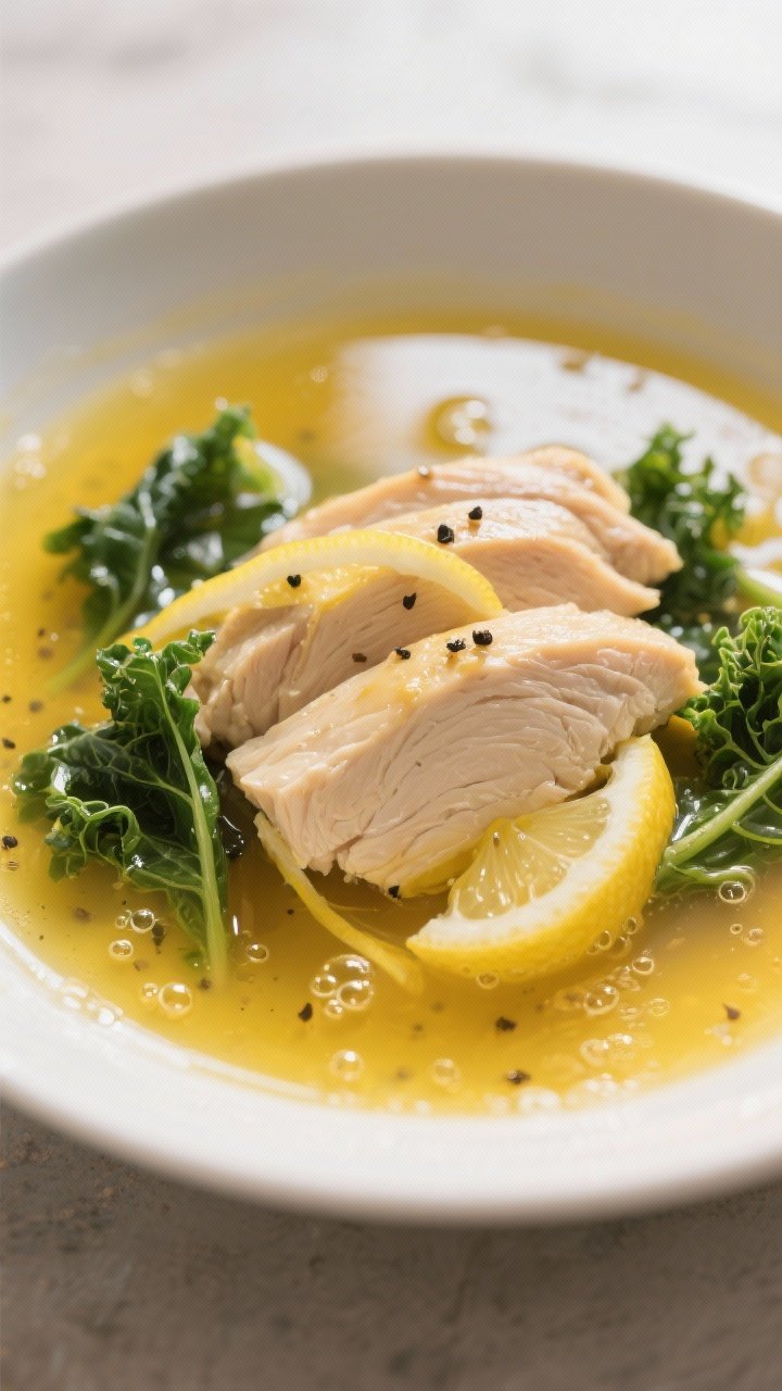 Close-up detail — Poached chicken in golden broth: Tight macro shot of thinly sliced, just-cooked 