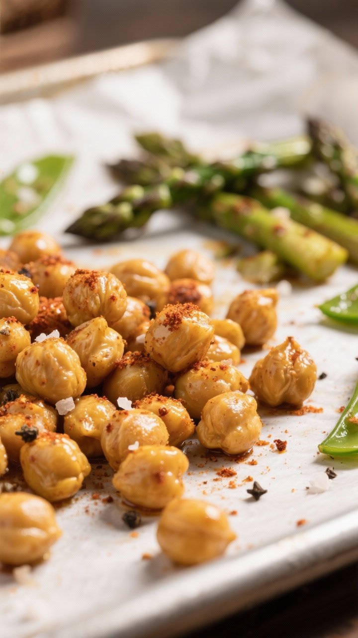 Close-up detail: Roasted chickpeas fresh from the oven, golden and crisp with a dusting of cumin and