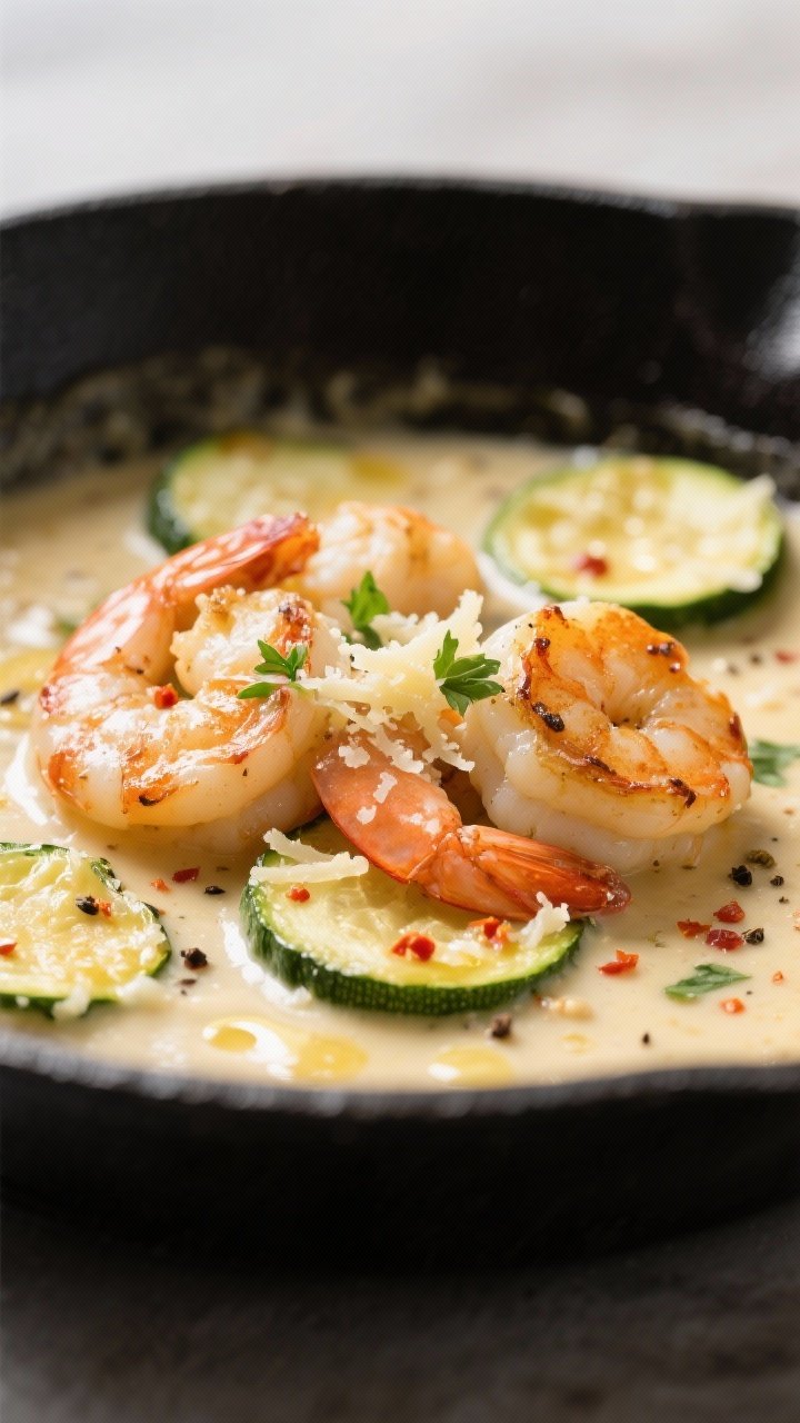 Close-up detail: Sear-kissed shrimp nestled in a silky garlic-Parmesan cream sauce with tender golde