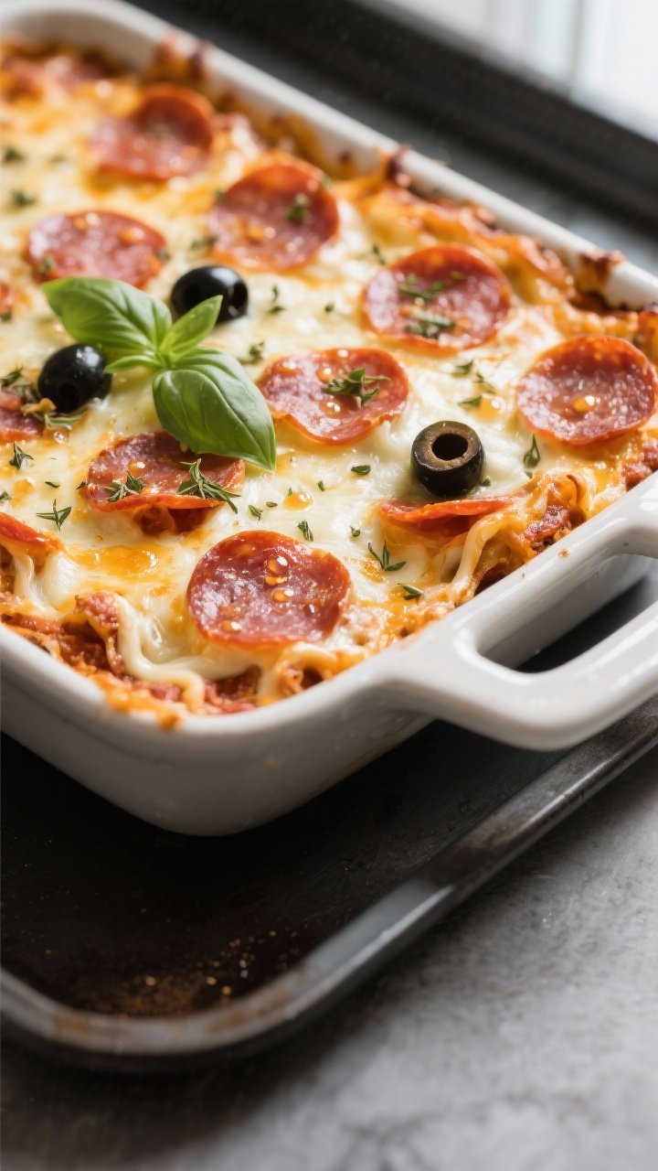 Close-up detail shot: A bubbling, just-baked low-carb pepperoni pizza casserole in a 9x13 dish, chee