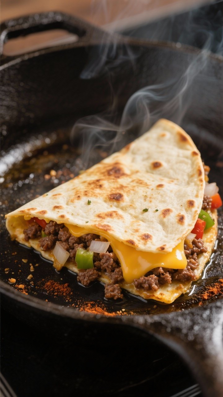 Close-up detail shot: A folded beef and cheese quesadilla sizzling in a cast-iron skillet, mid-cook.