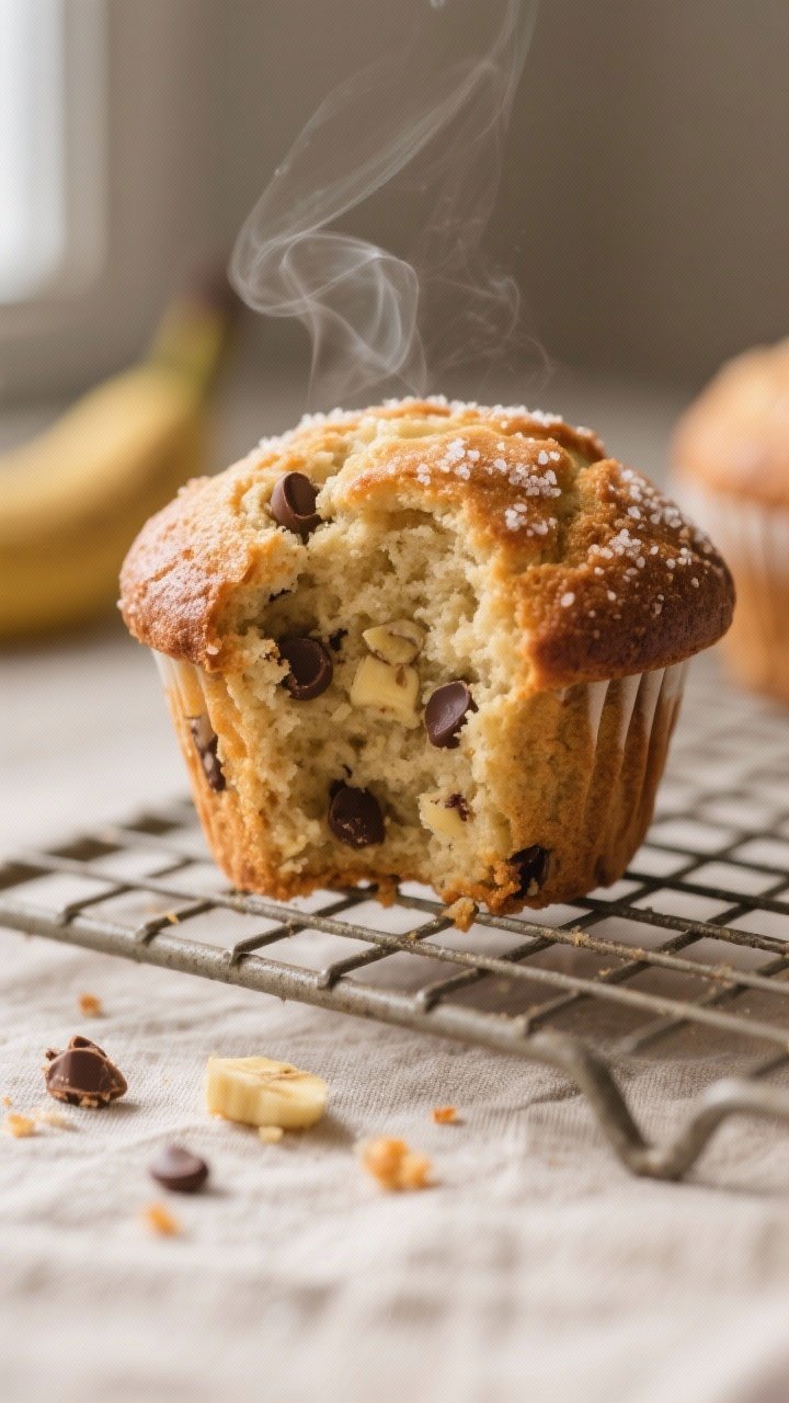 Close-up detail shot: A freshly baked sourdough discard banana muffin torn open to reveal a moist, t